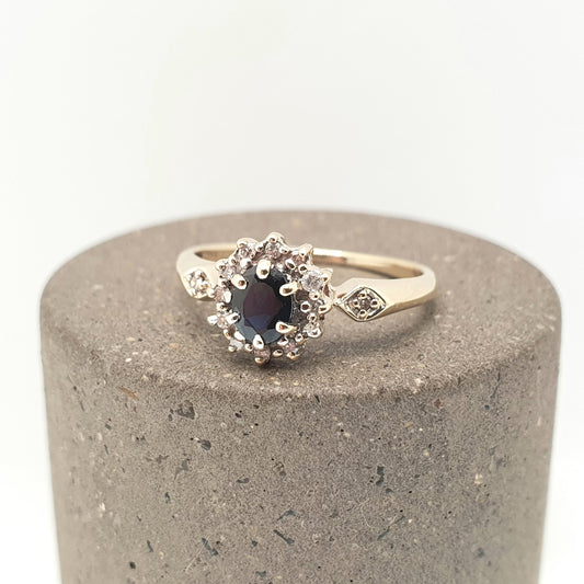 Vintage Diamond & Sapphire 9kt Gold Ring Solid 9ct 9k Cluster Halo Blue Gemstone Retro Womens Jewelry Jewellery