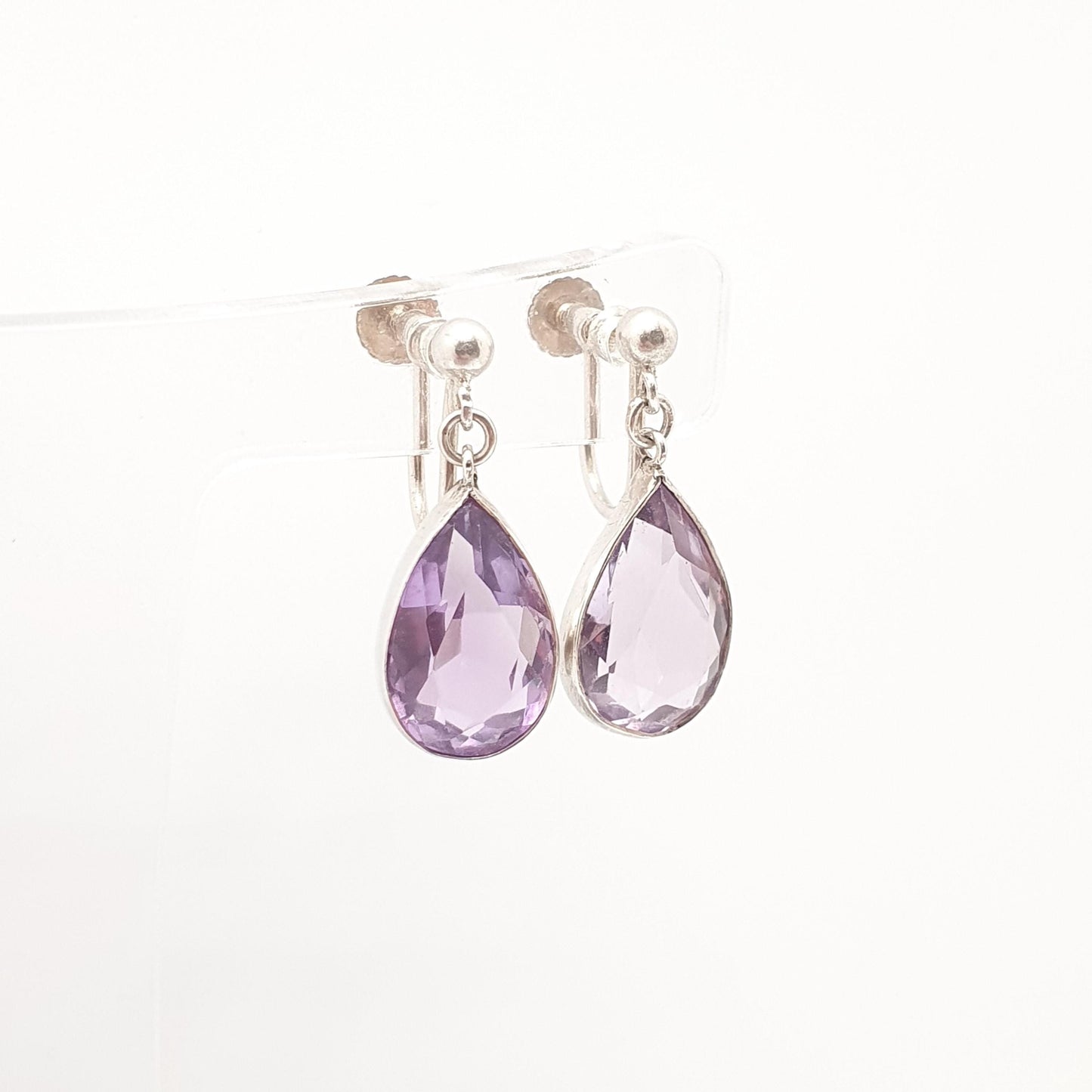 Antique Sterling Silver Natural Amethyst Earrings Pear Cut Purple Gemstone Quartz Screw Back Vintage Jewelry Jewellery