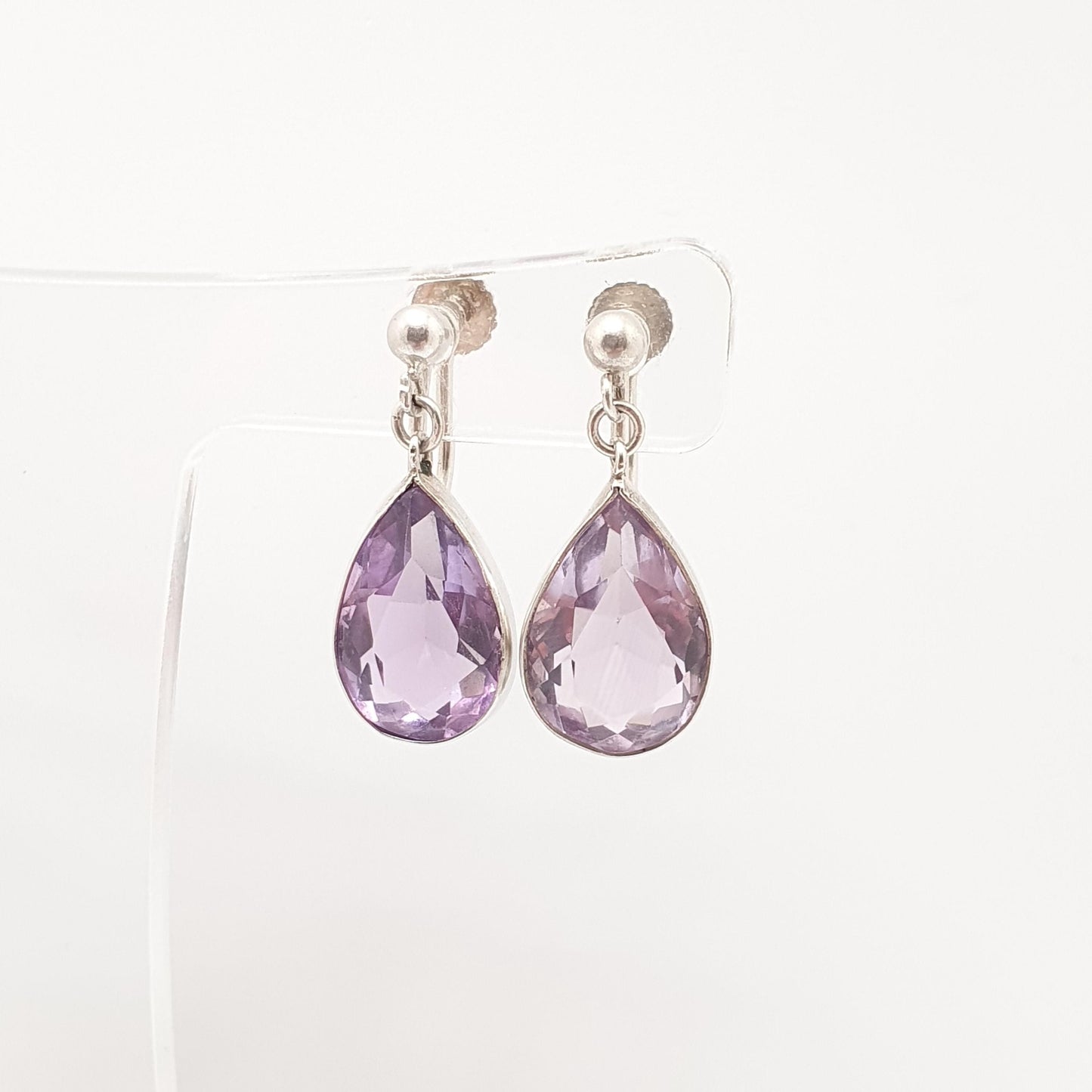 Antique Sterling Silver Natural Amethyst Earrings Pear Cut Purple Gemstone Quartz Screw Back Vintage Jewelry Jewellery
