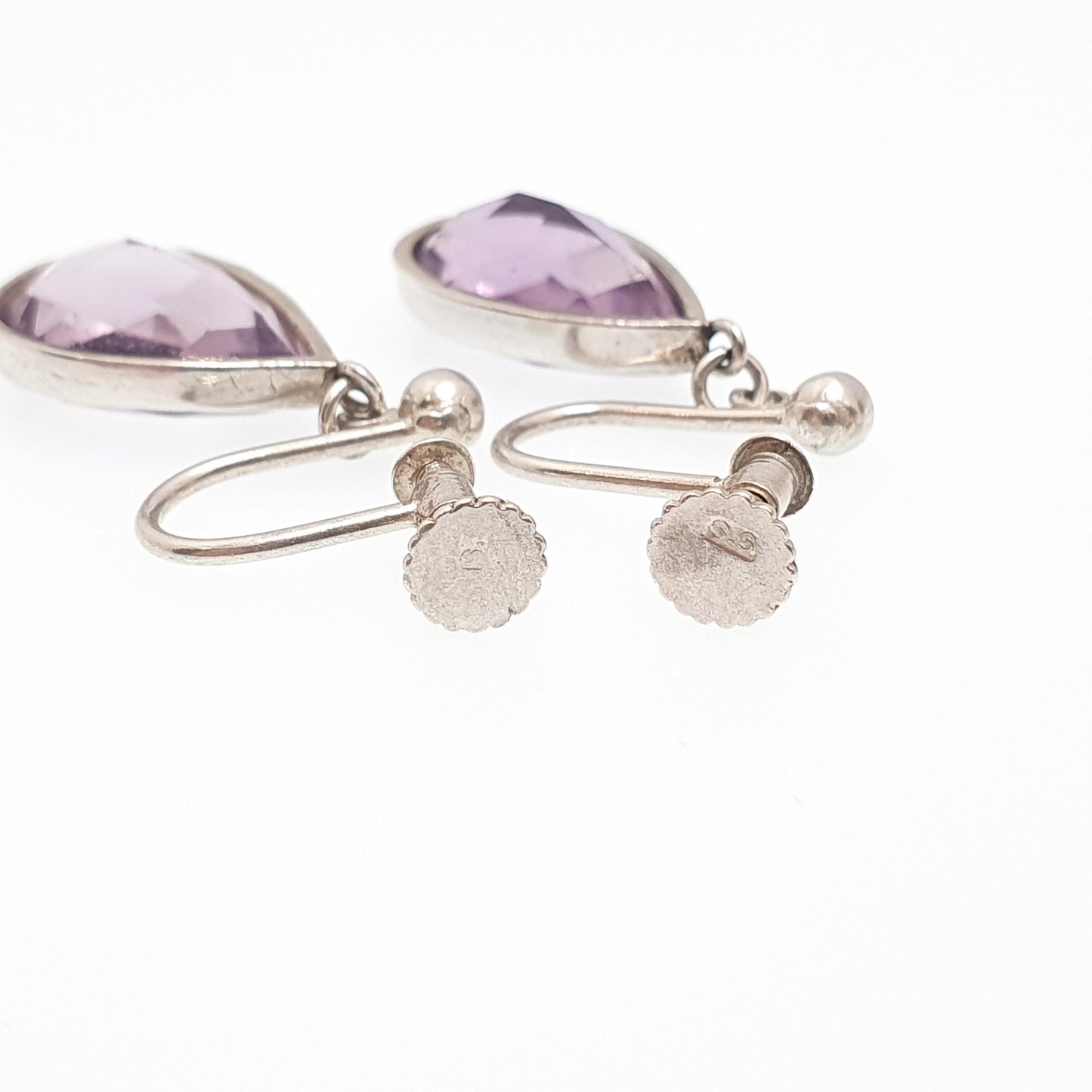 Antique Sterling Silver Natural Amethyst Earrings Pear Cut Purple Gemstone Quartz Screw Back Vintage Jewelry Jewellery