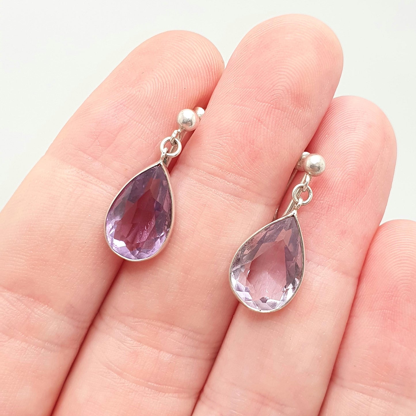 Antique Sterling Silver Natural Amethyst Earrings Pear Cut Purple Gemstone Quartz Screw Back Vintage Jewelry Jewellery