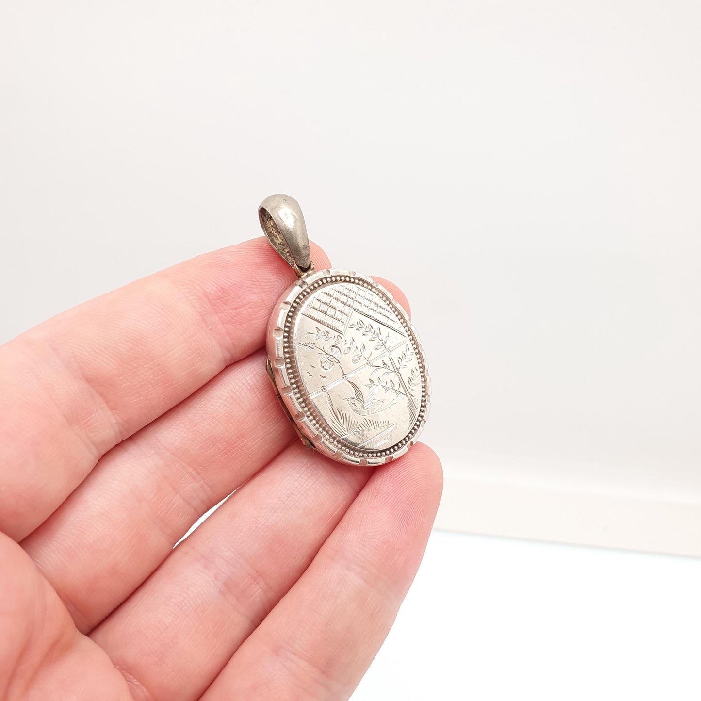 Antique Victorian Solid Silver Bird Locket Back and Front Pendant Necklace Hand Engraved Aesthetic Vintage