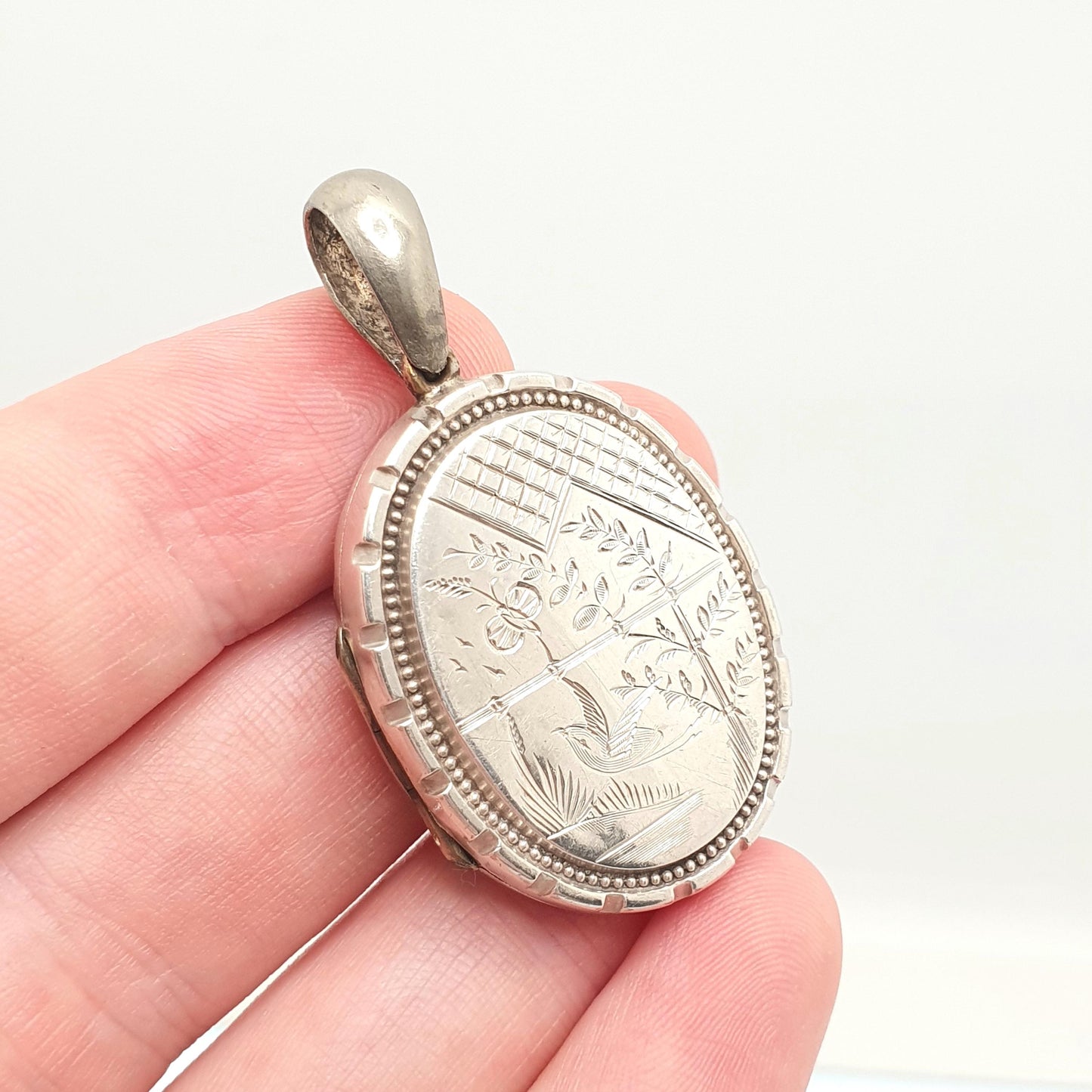 Antique Victorian Solid Silver Bird Locket Back and Front Pendant Necklace Hand Engraved Aesthetic Vintage