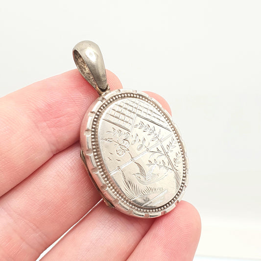 Antique Victorian Solid Silver Bird Locket Back and Front Pendant Necklace Hand Engraved Aesthetic Vintage