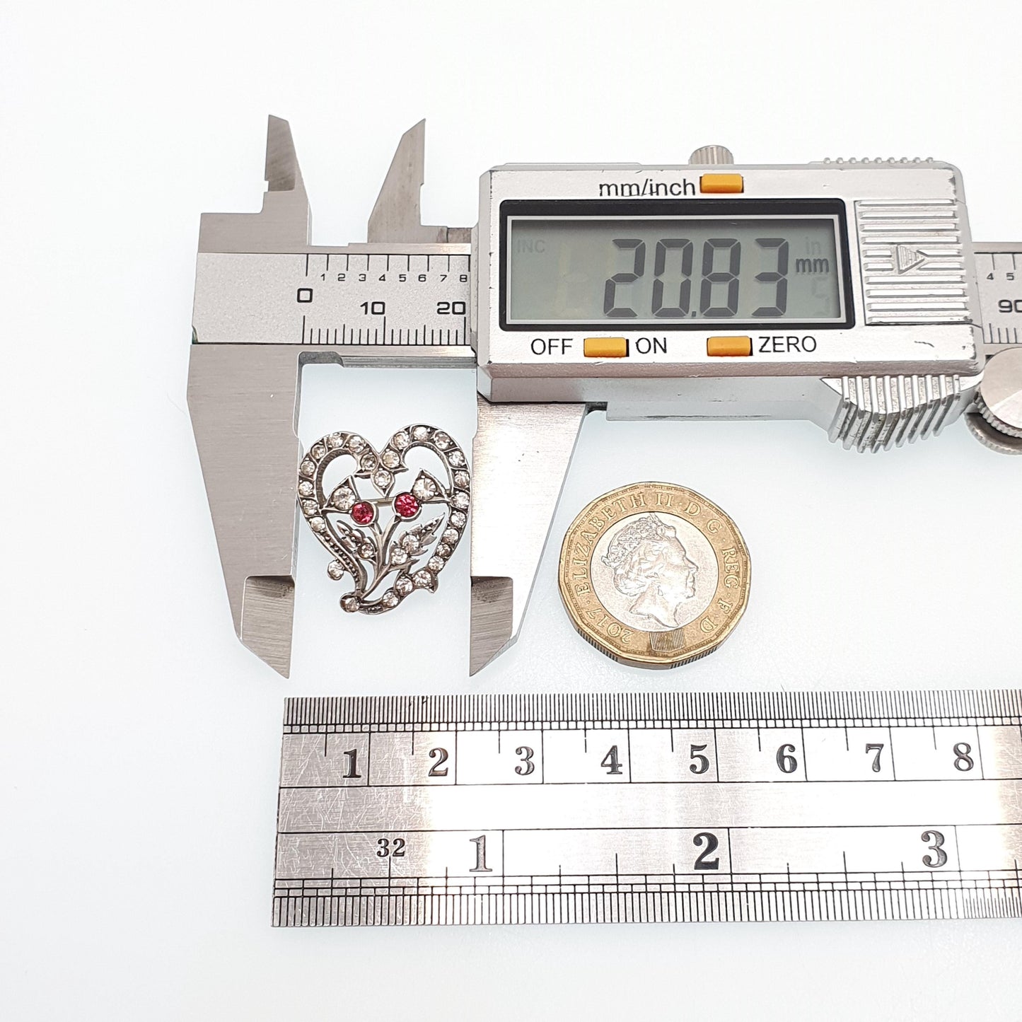 Antique Sterling Silver Thistle & Heart Paste Brooch 1901 Hallmark Scottish Flower Vintage Diamond Tone Ruby Tone Pin Witches Vintage