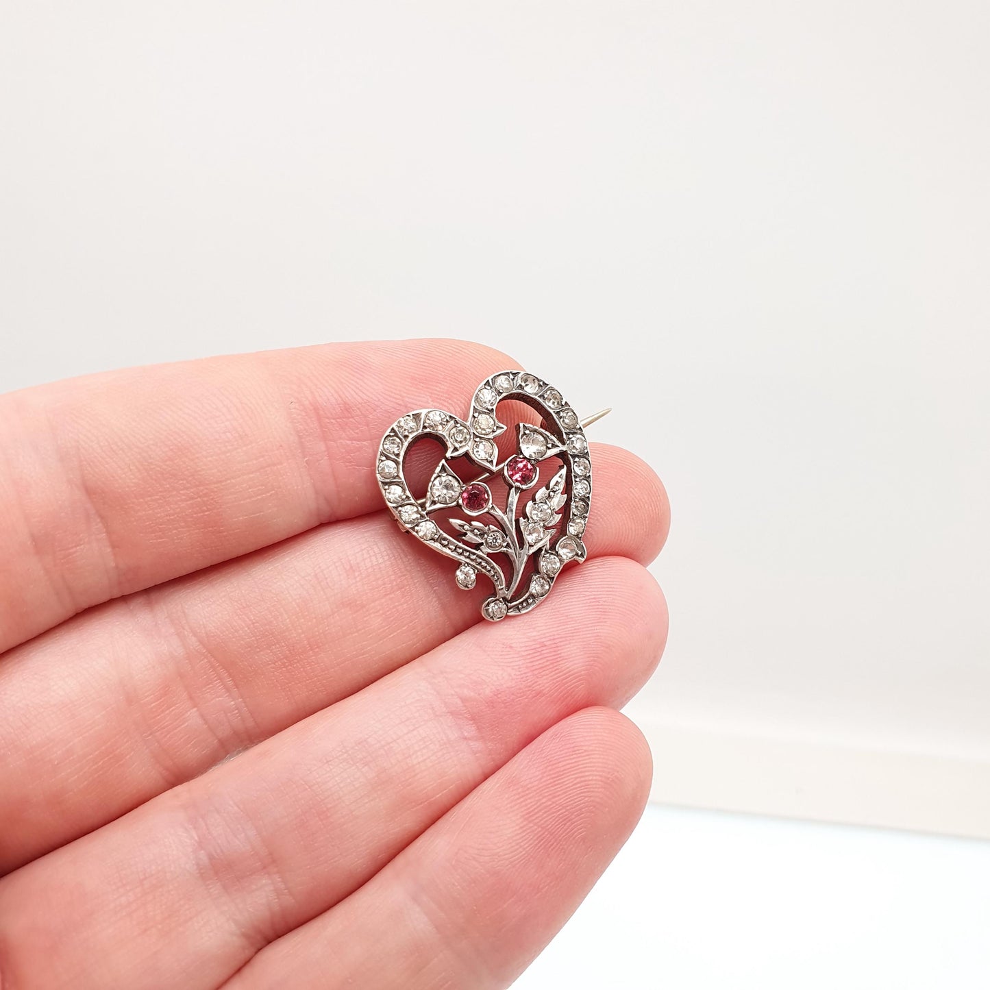 Antique Sterling Silver Thistle & Heart Paste Brooch 1901 Hallmark Scottish Flower Vintage Diamond Tone Ruby Tone Pin Witches Vintage