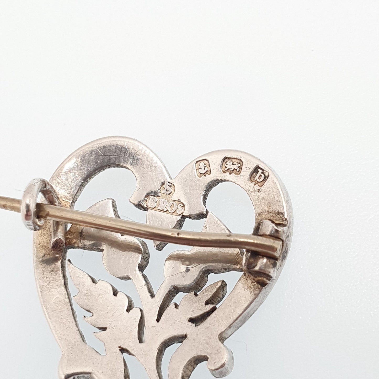 Antique Sterling Silver Thistle & Heart Paste Brooch 1901 Hallmark Scottish Flower Vintage Diamond Tone Ruby Tone Pin Witches Vintage