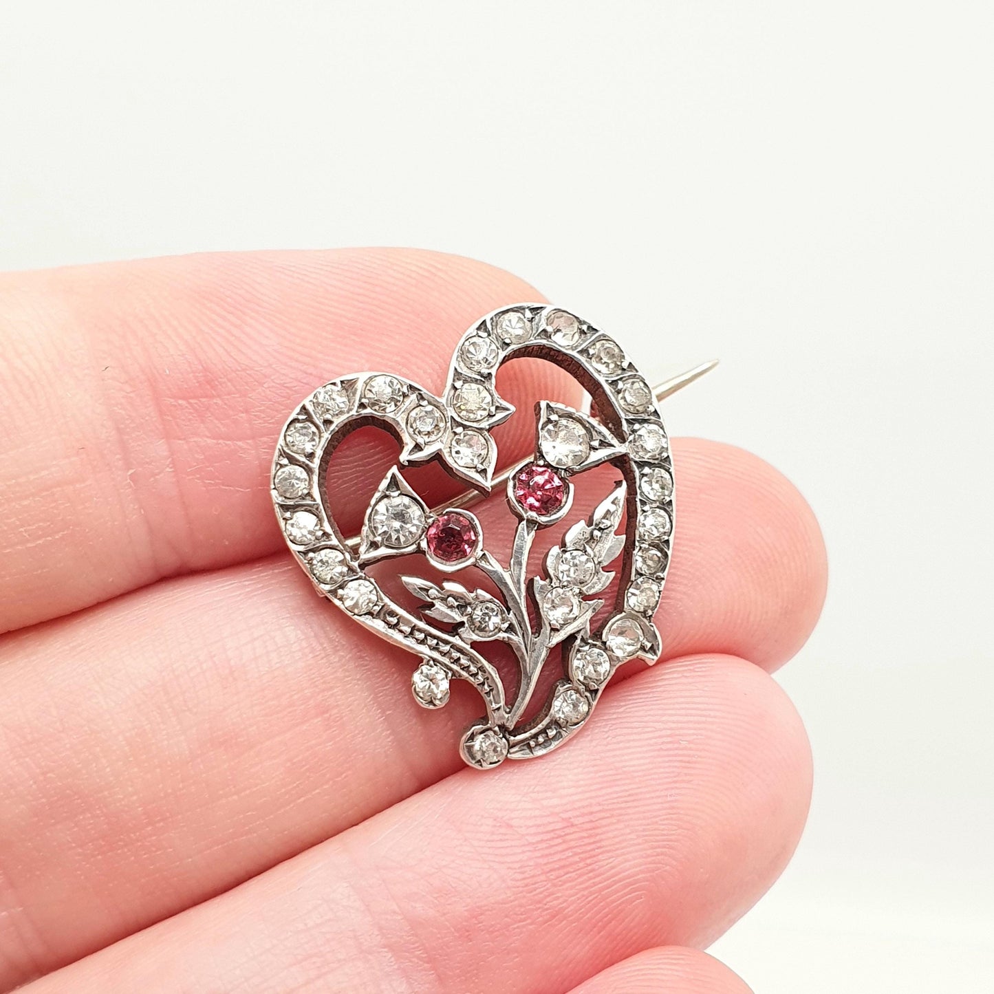 Antique Sterling Silver Thistle & Heart Paste Brooch 1901 Hallmark Scottish Flower Vintage Diamond Tone Ruby Tone Pin Witches Vintage