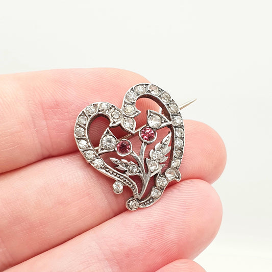 Antique Sterling Silver Thistle & Heart Paste Brooch 1901 Hallmark Scottish Flower Vintage Diamond Tone Ruby Tone Pin Witches Vintage