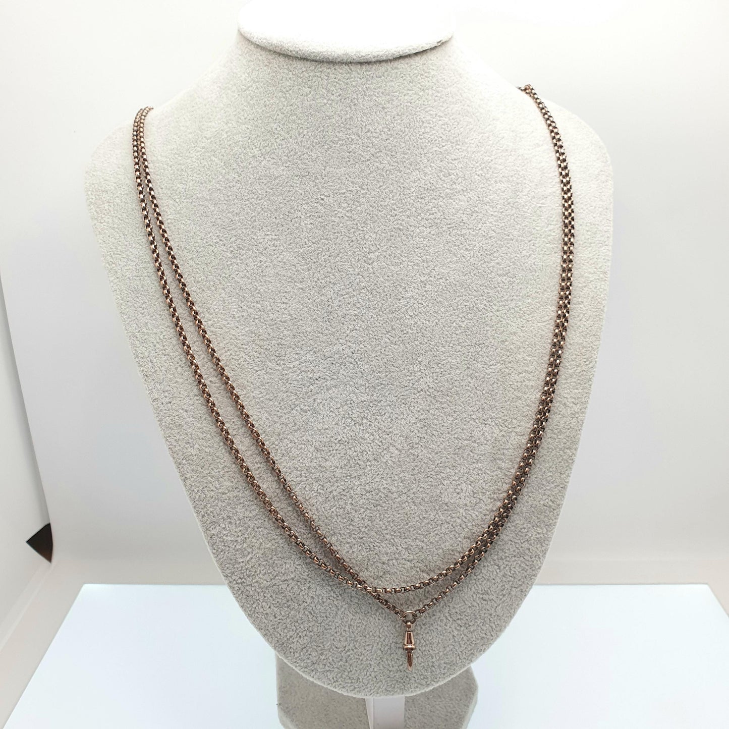 Antique Victorian Muff Chain Necklace Rolo Belcher Link Rose Gold Gilt Dog Clip Long 144cm 24.34g Guard Vintage