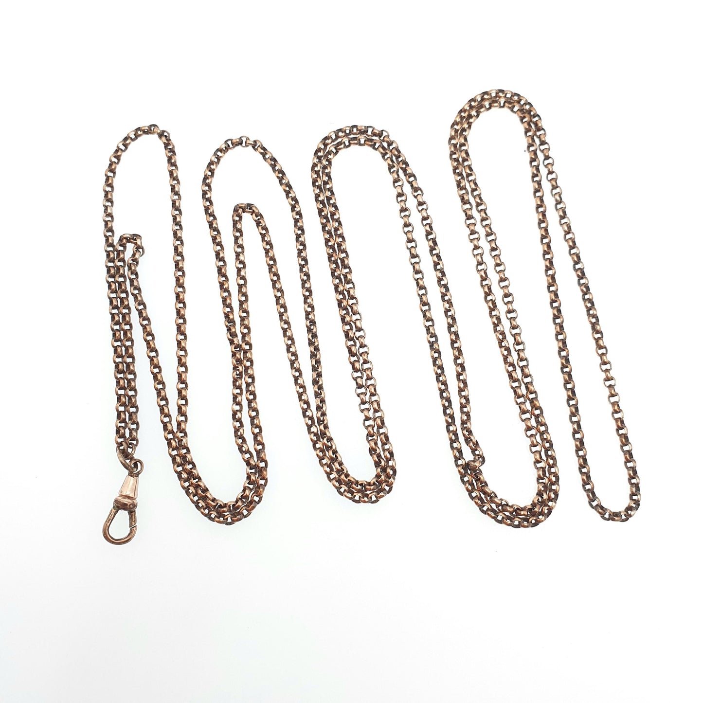 Antique Victorian Muff Chain Necklace Rolo Belcher Link Rose Gold Gilt Dog Clip Long 144cm 24.34g Guard Vintage