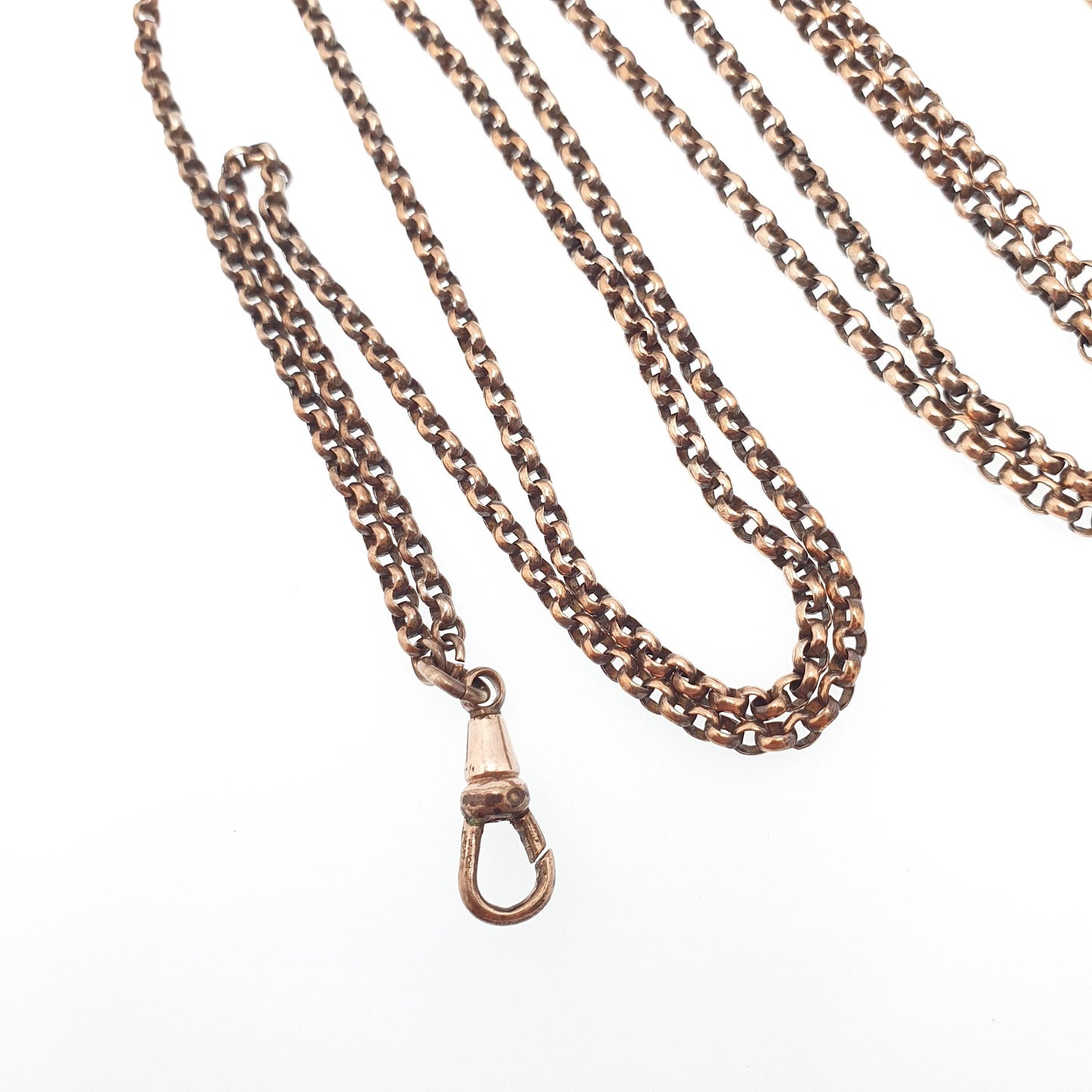Antique Victorian Muff Chain Necklace Rolo Belcher Link Rose Gold Gilt Dog Clip Long 144cm 24.34g Guard Vintage