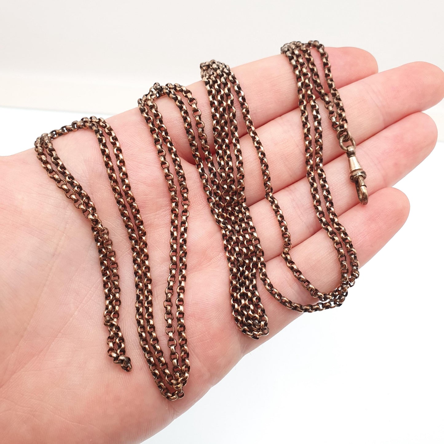 Antique Victorian Muff Chain Necklace Rolo Belcher Link Rose Gold Gilt Dog Clip Long 144cm 24.34g Guard Vintage