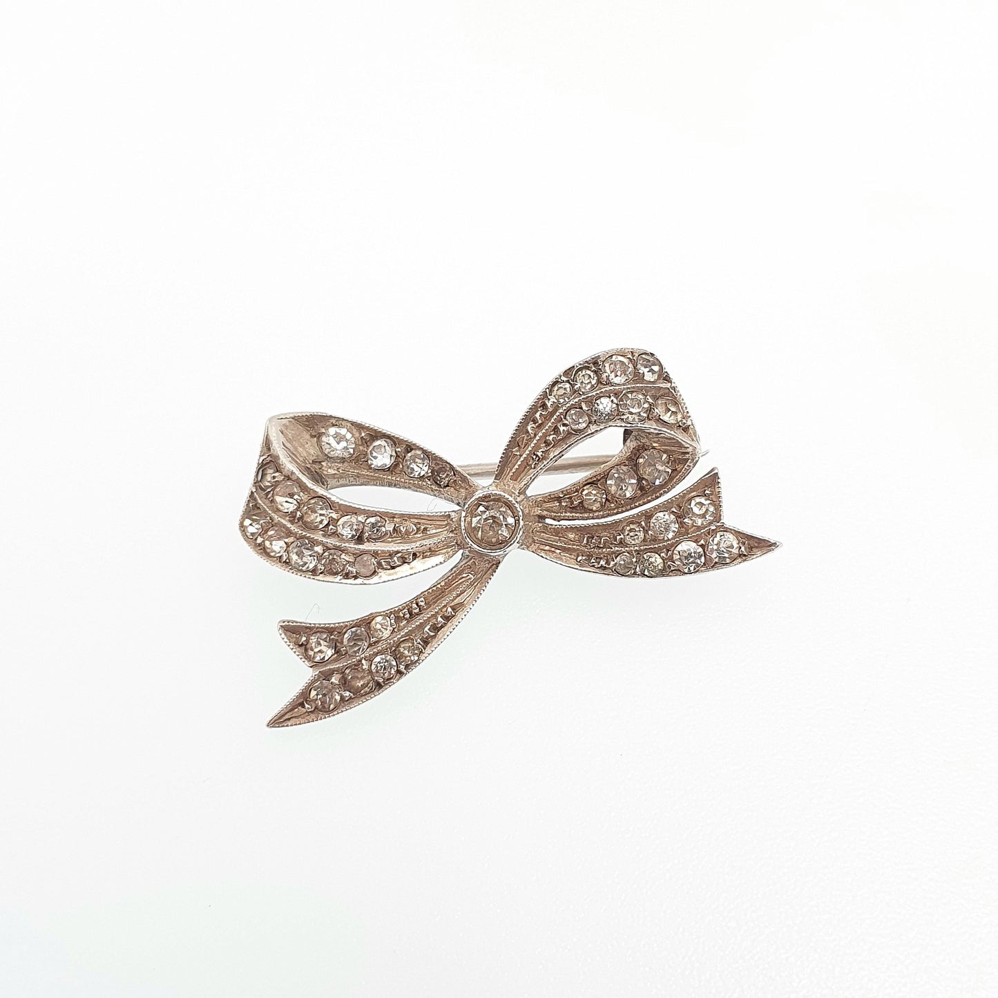Antique Solid Silver Diamond Paste Brooch Art Deco Bow Ribbon Pin Scroll 1920s Flapper Sparkly Vintage Jewellery Jewelry