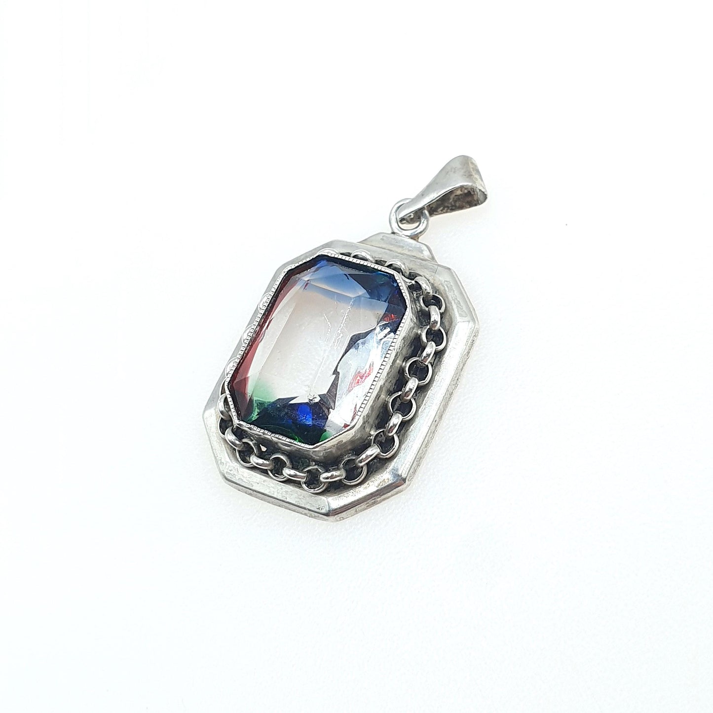 Antique Art Deco Solid Silver Rainbow Iris Glass Pendant Multi Coloured Rectangular Tutti Frutti Vintage Womens Jewellery Jewelry