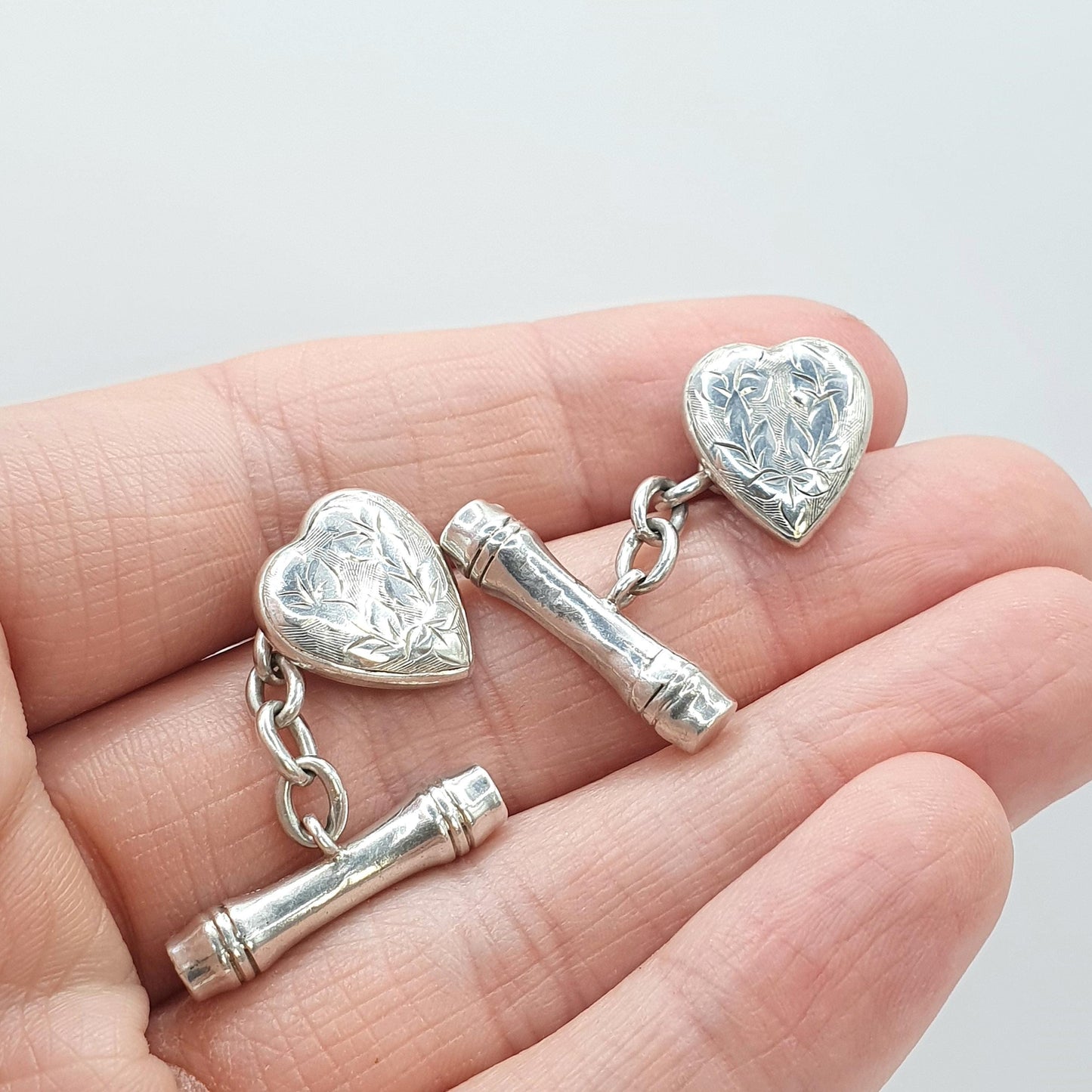 Antique Sterling Silver Heart Cuff Links Cufflinks Engraved 1903 Hallmark Love Gift Gent Mens Vintage Jewelry Jewellery