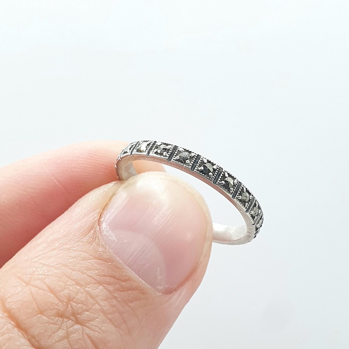 Antique Art Deco Solid Silver Marcasite Eternity Ring Square Sections Promise Gift Women’s Mens Jewelry Jewellery UK M.5 US 6.5