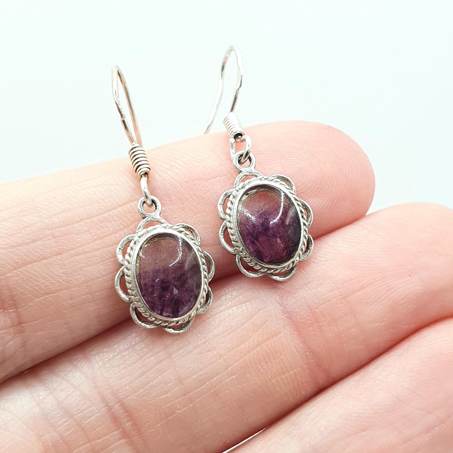 Vintage Sterling Silver Blue John Hook Earrings Oval Cabochon Gemstone Bleu Jaune Fluorite Womens Jewelry Jewellery