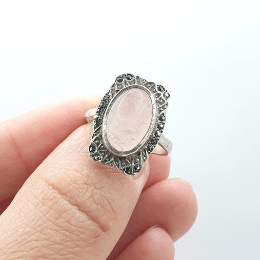 Antique Art Deco Solid Silver Rose Quartz Ring Marcasite Cocktail Pink Gemstone Jewelry Jewellery Vintage UK M or US 6.25