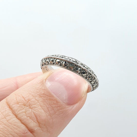 Antique Sterling Silver Marcasite Eternity Ring Double Row Womens Mens Vintage Jewelry Jewellery UK O US 7.25