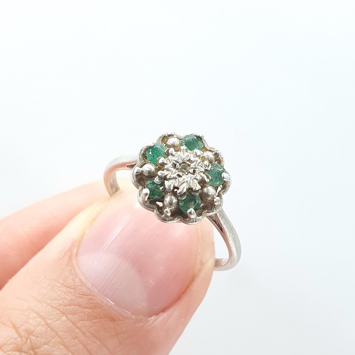 Vintage Sterling Silver Emerald & Diamond Ring Cluster Halo Genuine Gemstones Ladies Womens Jewelry Jewellery UK M US 6.25