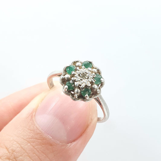 Vintage Sterling Silver Emerald & Diamond Ring Cluster Halo Genuine Gemstones Ladies Womens Jewelry Jewellery UK M US 6.25