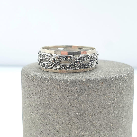 Antique 9ct Gold & Solid Silver Marcasite Eternity Ring Woven Rope Pattern Gift Love Womens Mens Jewellery Jewelry UK O.5  US 7.25