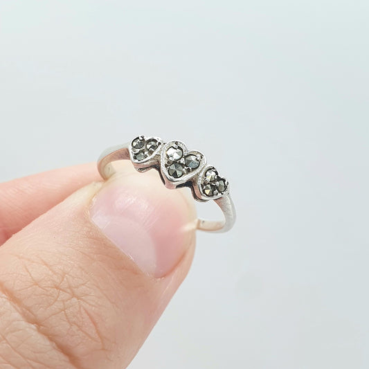 Antique Art Deco Solid Silver Heart Ring Marcasite Stacker Trilogy Triple Vintage Womens Mens Jewelry Jewellery UK M.5 US 6.5