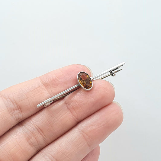 Antique CHARLES HORNER Sterling Silver Natural Citrine Brooch Bar Pin Quartz Oval Cut Vintage Jewellery Gemstone