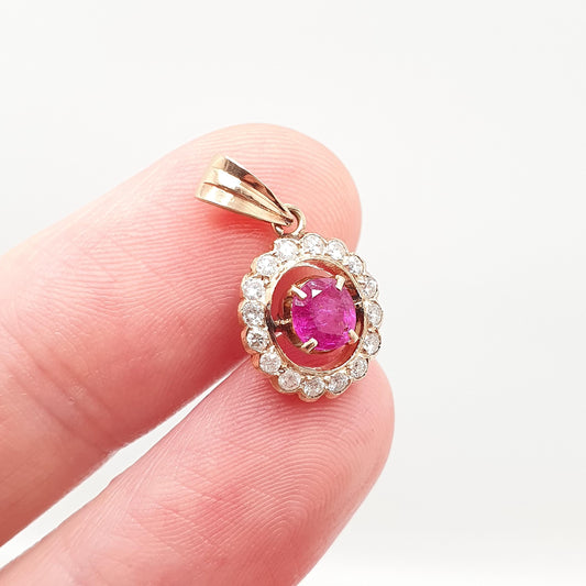 Vintage 14k Gold Ruby & Diamond Necklace Pendant Natural Gemstones Cluster Halo Solid 14kt 517 Womens Jewelry Jewellery