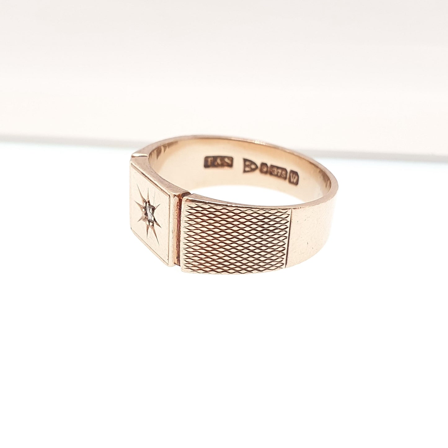 Old Vintage 9ct Gold Diamond Signet Ring 1947 Hallmark Solid 9k 9kt Chunky Square Womens Mens Rings Jewelry Jewellery