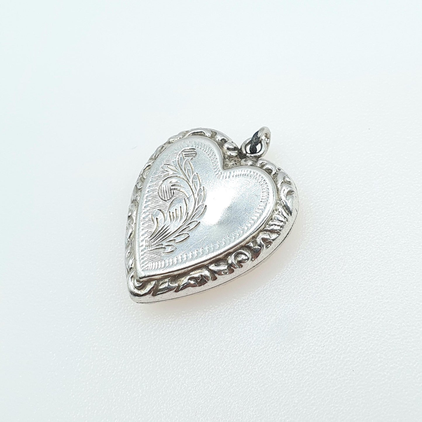 Antique Solid Silver Heart Locket Engraved Front Embossed Border Photo Pendant Necklace Vintage Womens Jewelry Jewellery