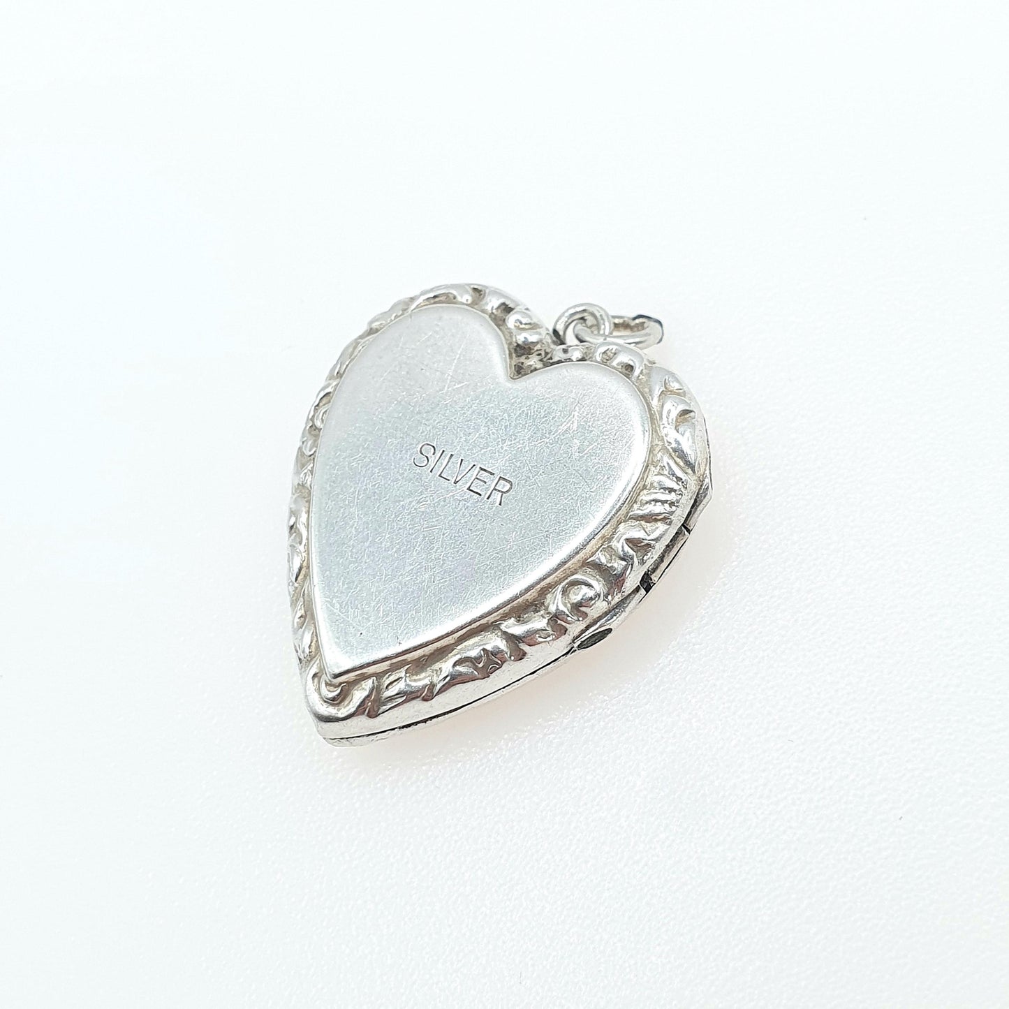 Antique Solid Silver Heart Locket Engraved Front Embossed Border Photo Pendant Necklace Vintage Womens Jewelry Jewellery