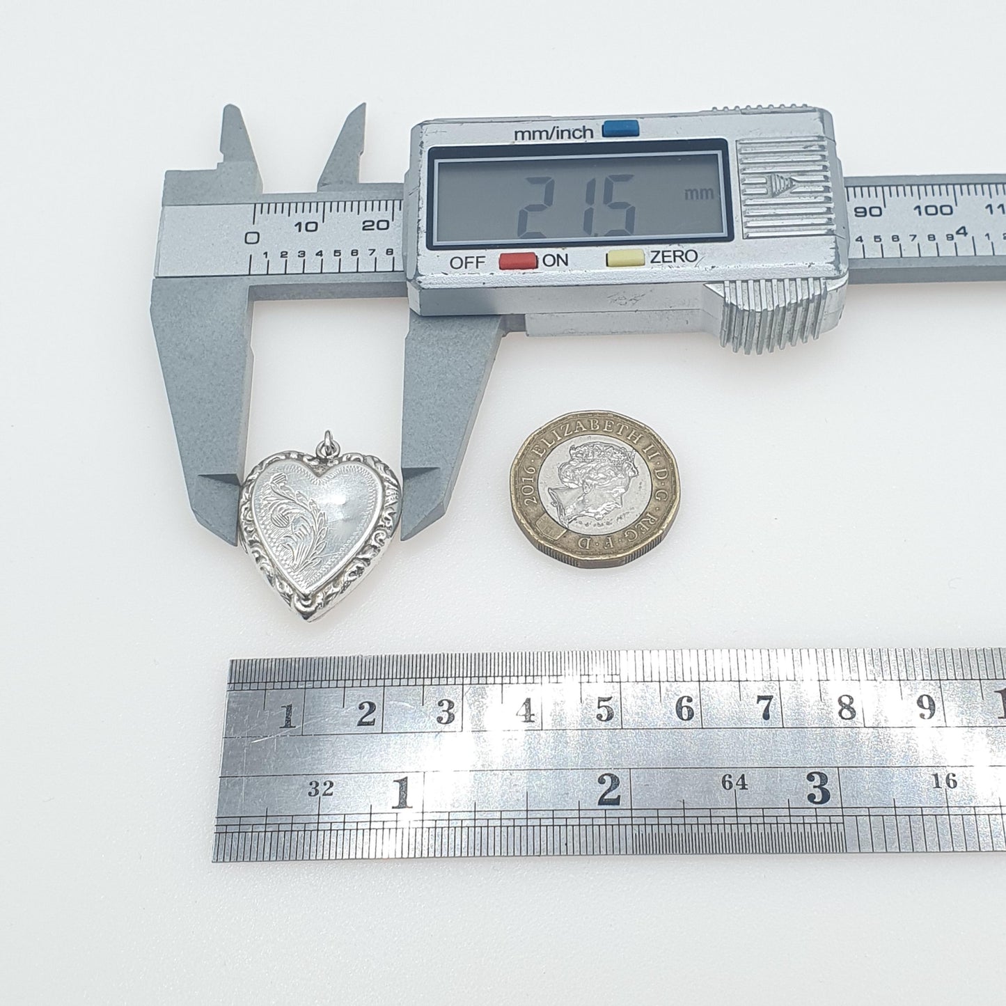 Antique Solid Silver Heart Locket Engraved Front Embossed Border Photo Pendant Necklace Vintage Womens Jewelry Jewellery