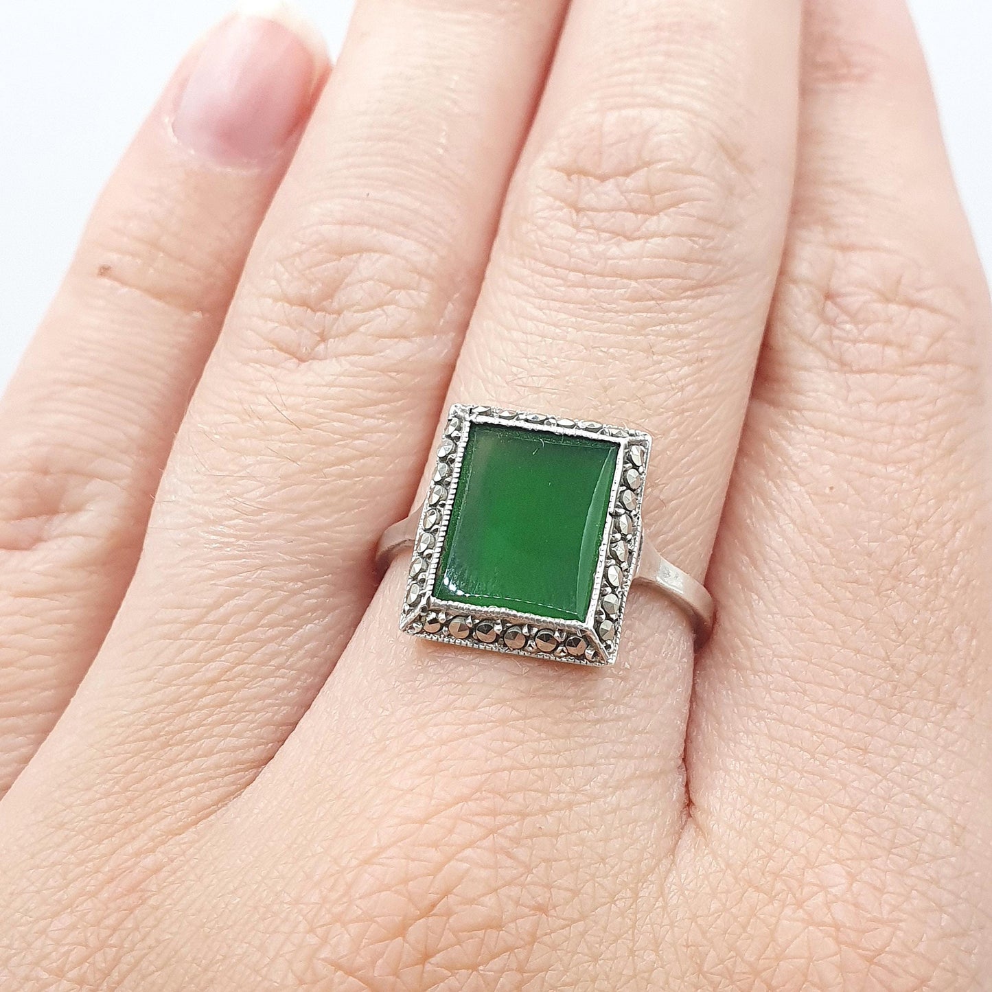 Antique Solid Silver Chrysoprase Ring Art Deco Marcasite Rectangular Green Gemstone Womens Jewelry Jewellery UK O.5 US 7.5