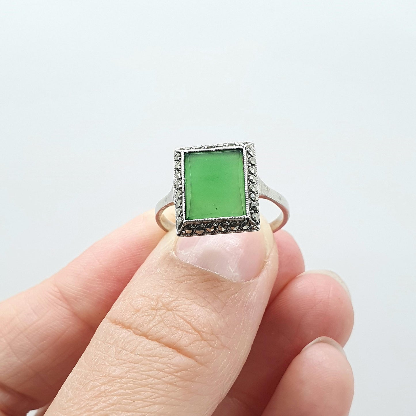Antique Solid Silver Chrysoprase Ring Art Deco Marcasite Rectangular Green Gemstone Womens Jewelry Jewellery UK O.5 US 7.5