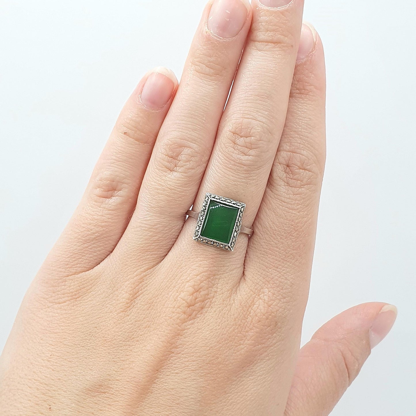 Antique Solid Silver Chrysoprase Ring Art Deco Marcasite Rectangular Green Gemstone Womens Jewelry Jewellery UK O.5 US 7.5
