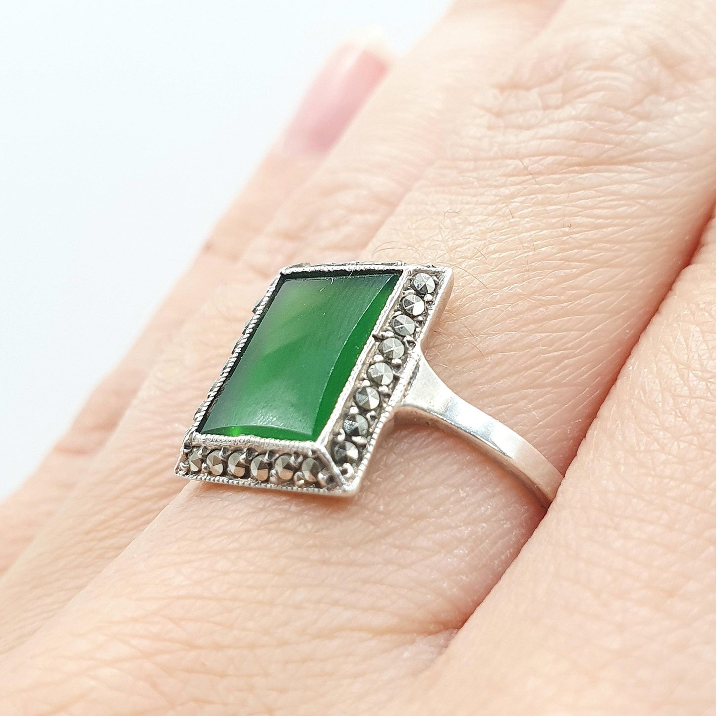 Antique Solid Silver Chrysoprase Ring Art Deco Marcasite Rectangular Green Gemstone Womens Jewelry Jewellery UK O.5 US 7.5