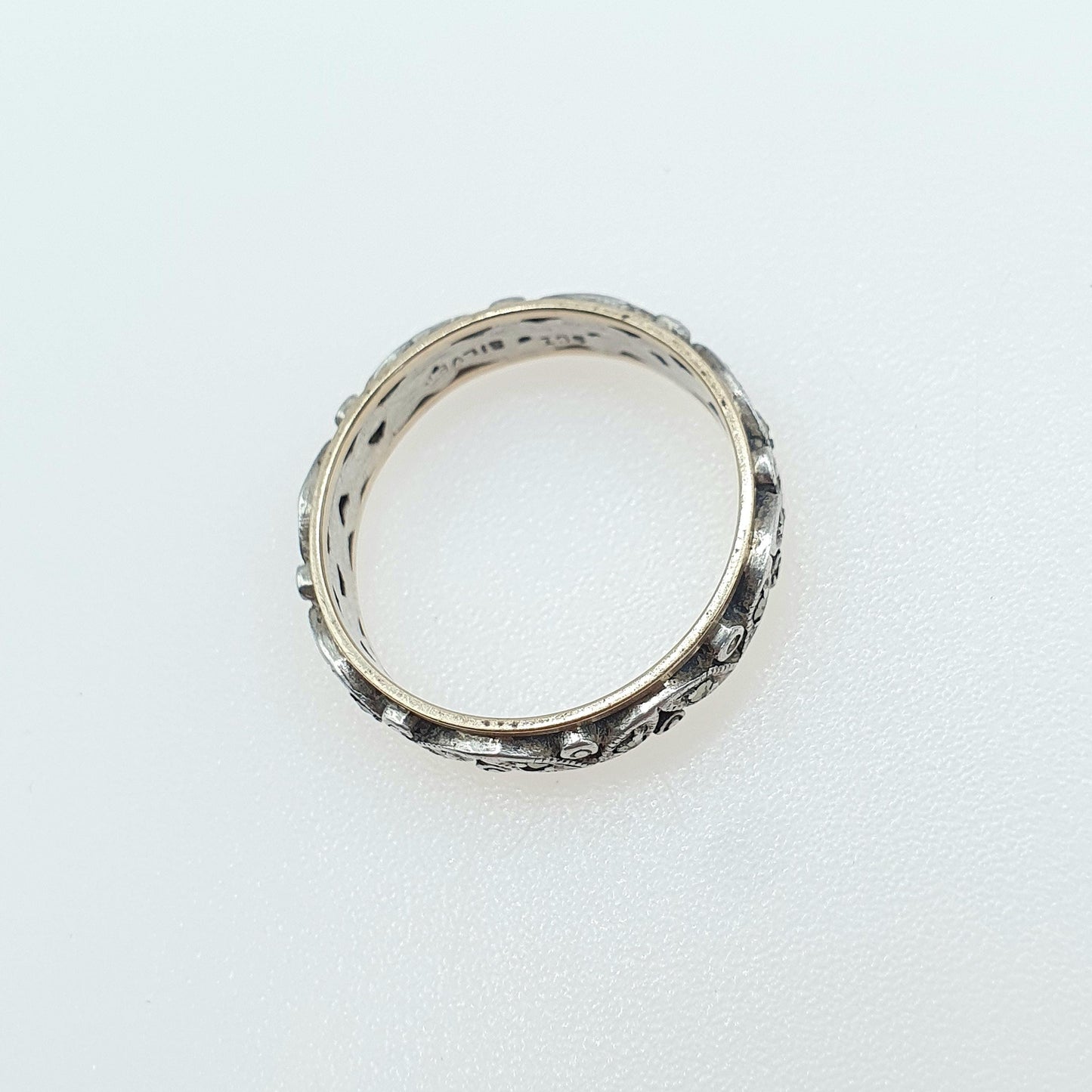Antique 9ct Gold & Solid Silver Marcasite Eternity Ring Art Deco Leaf Style Pattern Gift Love Womens Mens Jewellery Jewelry UK Q US 8