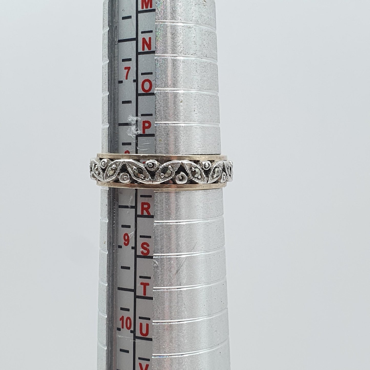 Antique 9ct Gold & Solid Silver Marcasite Eternity Ring Art Deco Leaf Style Pattern Gift Love Womens Mens Jewellery Jewelry UK Q US 8