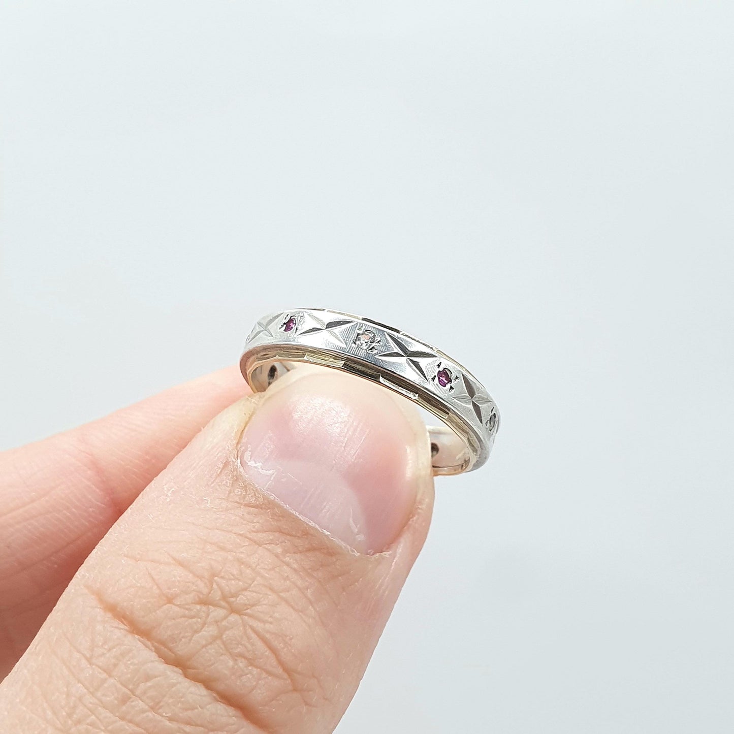 Antique 9ct Gold & Solid Silver Ruby and White Spinel Eternity Ring Art Deco Gift Womens Jewellery Jewelry UK M.5 US 6.5