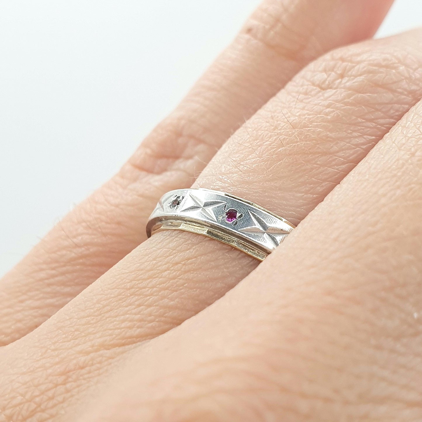 Antique 9ct Gold & Solid Silver Ruby and White Spinel Eternity Ring Art Deco Gift Womens Jewellery Jewelry UK M.5 US 6.5