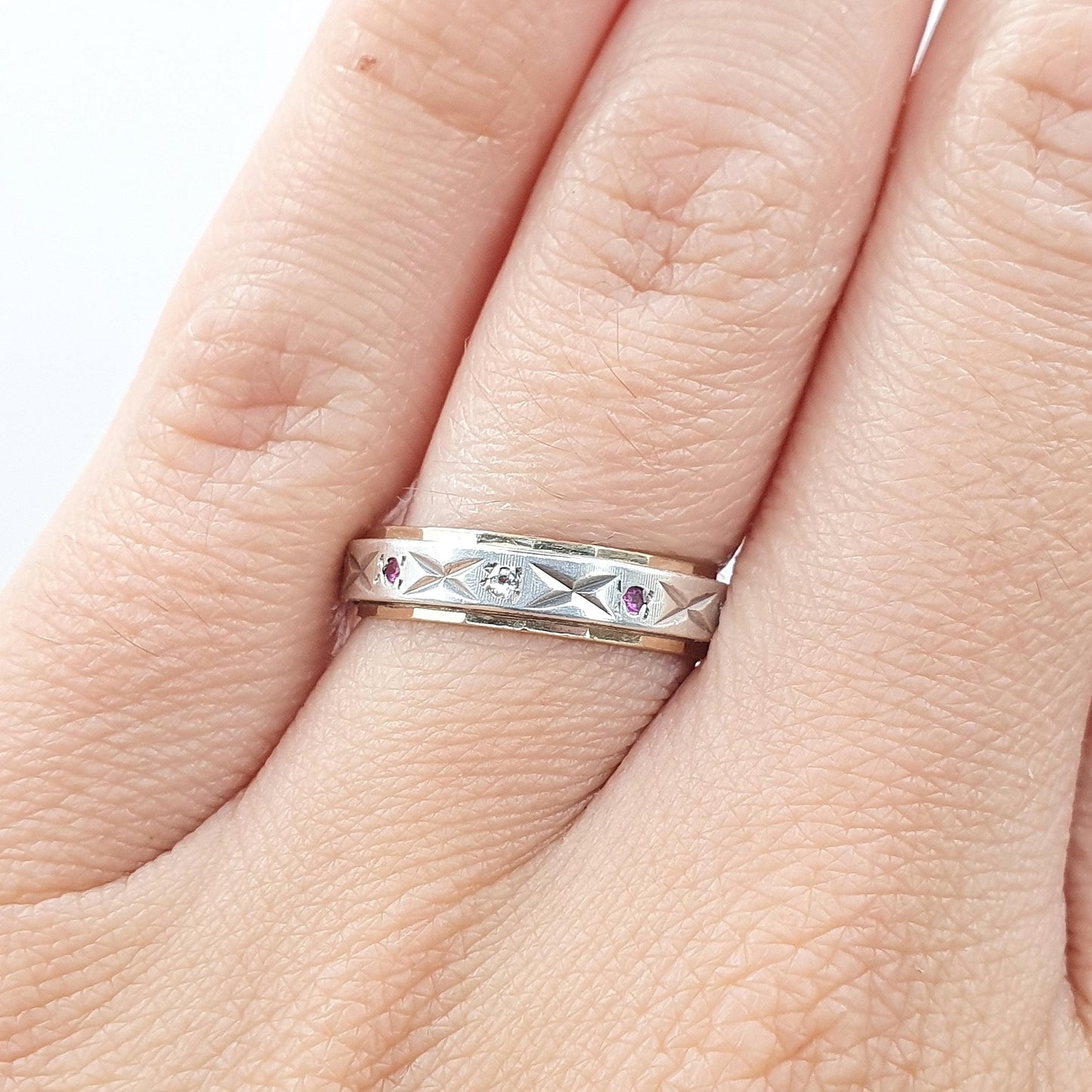 Antique 9ct Gold & Solid Silver Ruby and White Spinel Eternity Ring Art Deco Gift Womens Jewellery Jewelry UK M.5 US 6.5