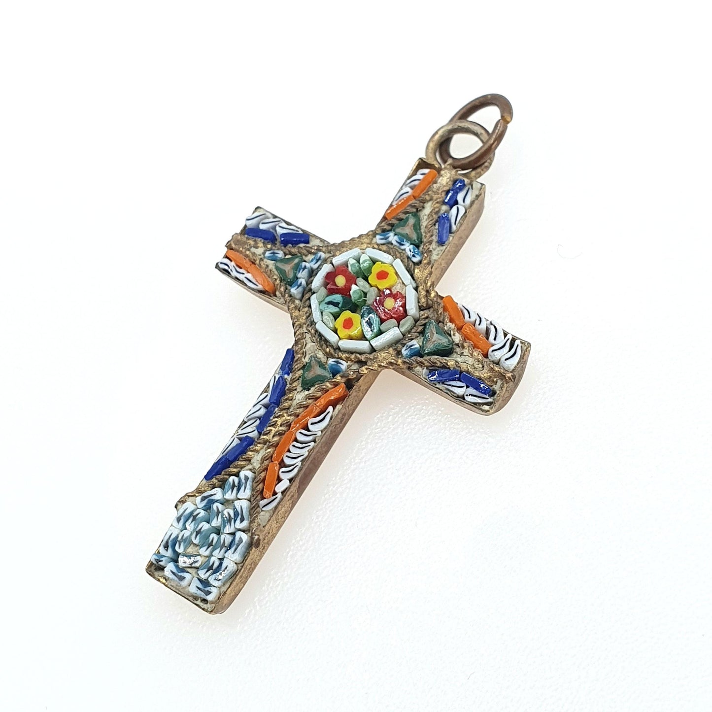 Antique Micromosaic Crucifix Pendant Micro Mosaic Cross Gold Tone Base Metal Catholic Vintage Necklace Jewelry Jewellery