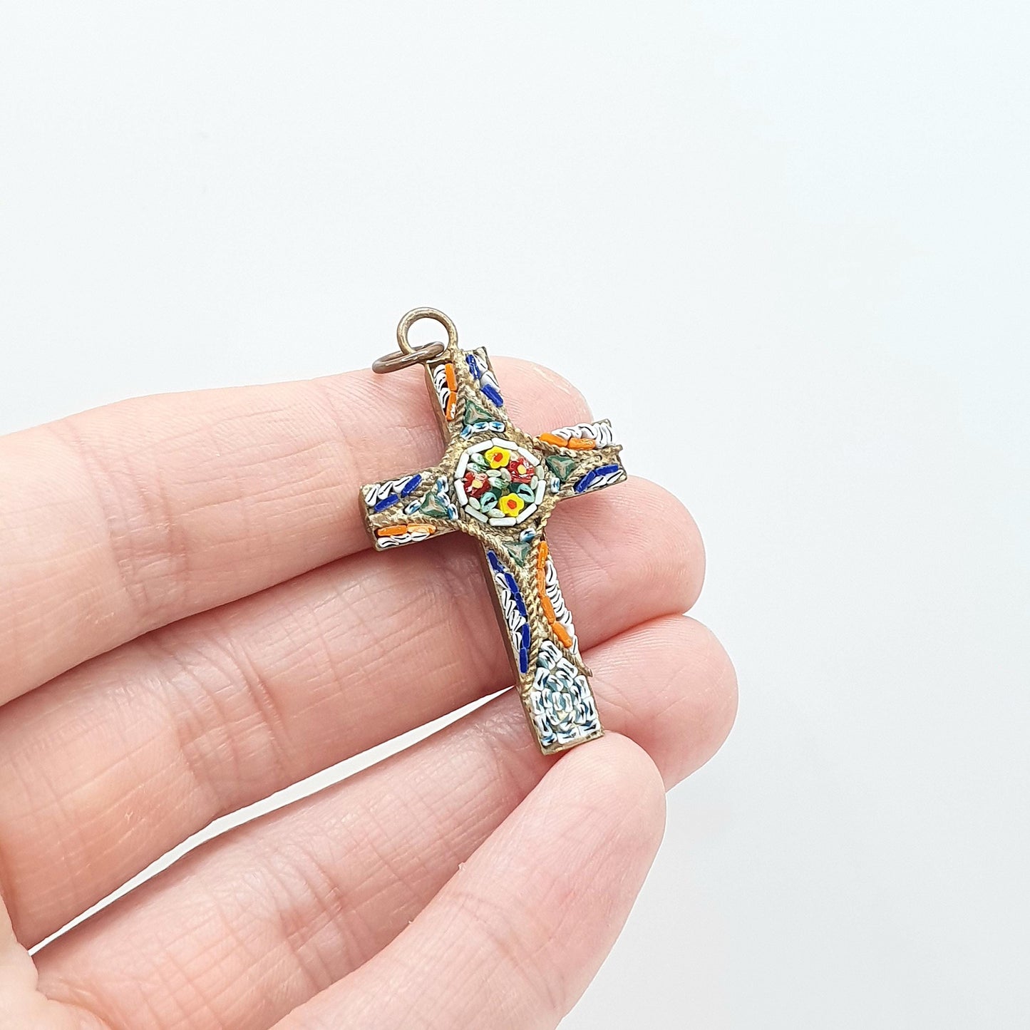 Antique Micromosaic Crucifix Pendant Micro Mosaic Cross Gold Tone Base Metal Catholic Vintage Necklace Jewelry Jewellery