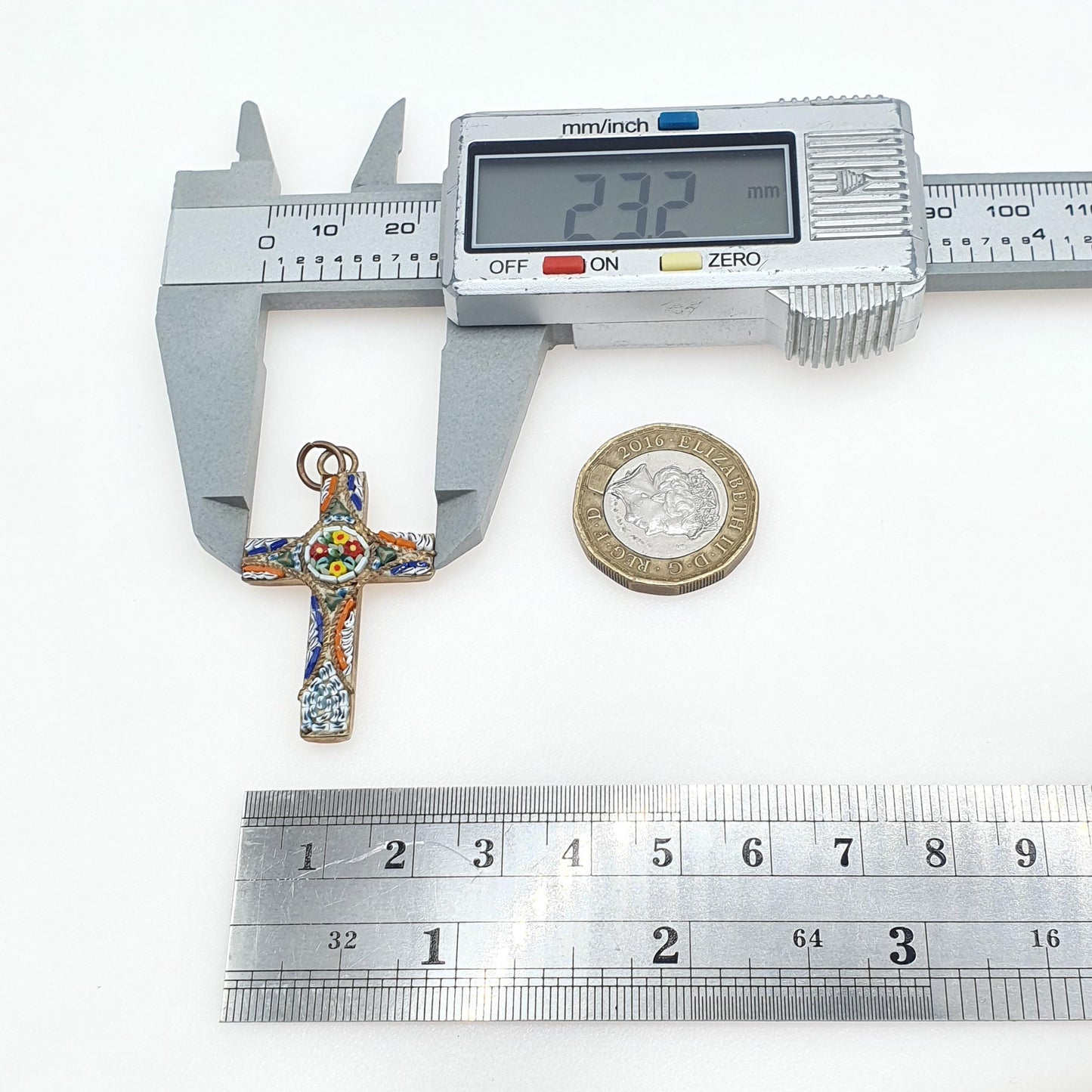 Antique Micromosaic Crucifix Pendant Micro Mosaic Cross Gold Tone Base Metal Catholic Vintage Necklace Jewelry Jewellery