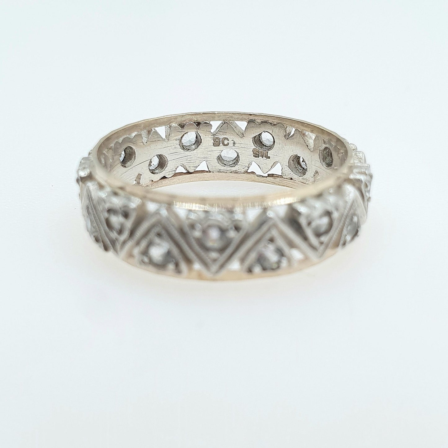 Antique 9ct Gold & Solid Silver White Spinel Eternity Ring Triangle Arrow Pattern Vintage 1920s Womens Jewelry Jewellery UK Q.5 US 8.5