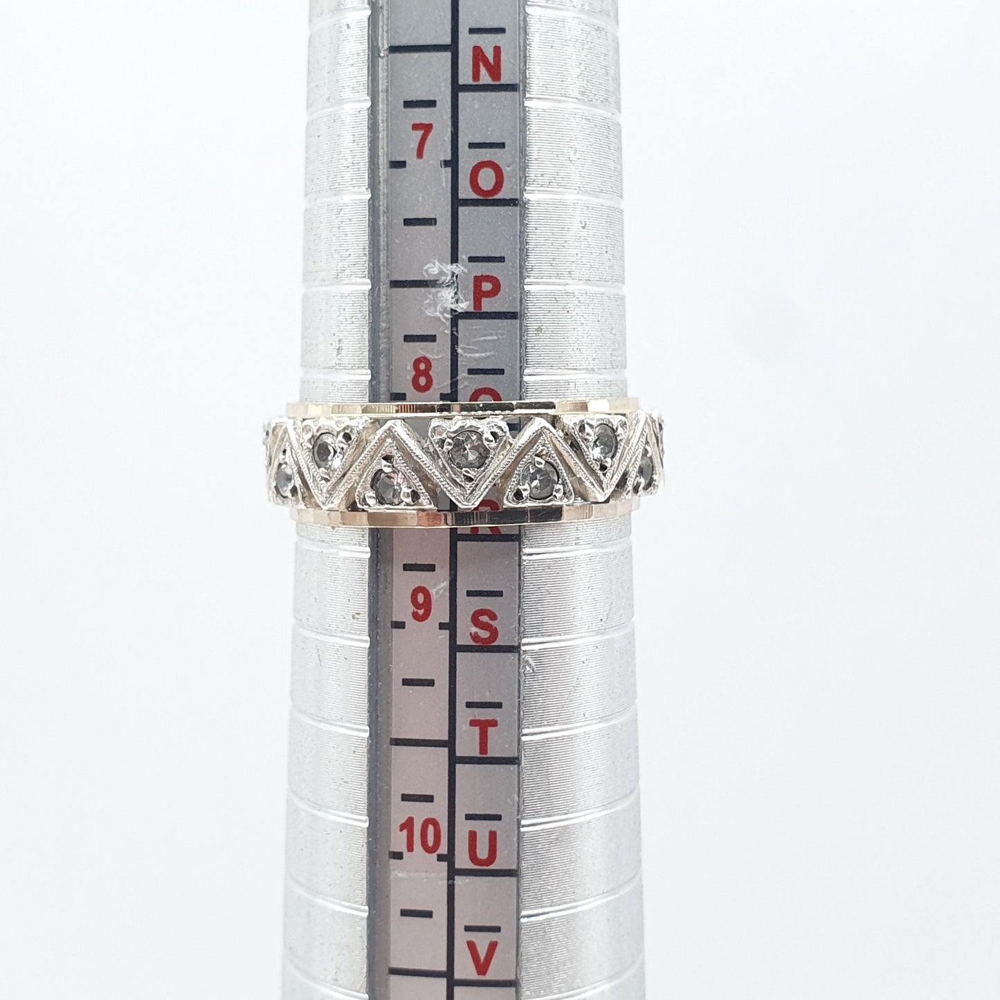Antique 9ct Gold & Solid Silver White Spinel Eternity Ring Triangle Arrow Pattern Vintage 1920s Womens Jewelry Jewellery UK Q.5 US 8.5