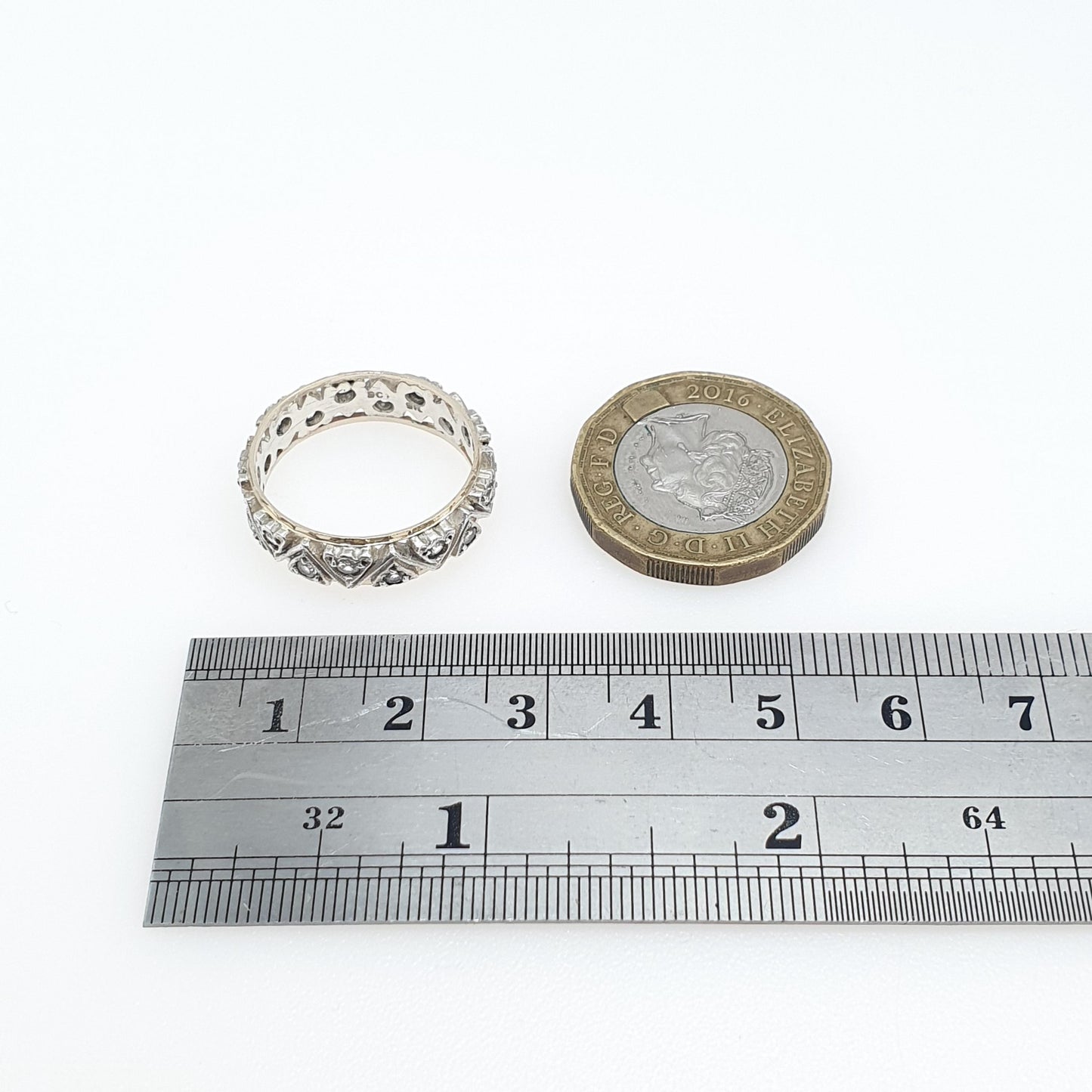 Antique 9ct Gold & Solid Silver White Spinel Eternity Ring Triangle Arrow Pattern Vintage 1920s Womens Jewelry Jewellery UK Q.5 US 8.5