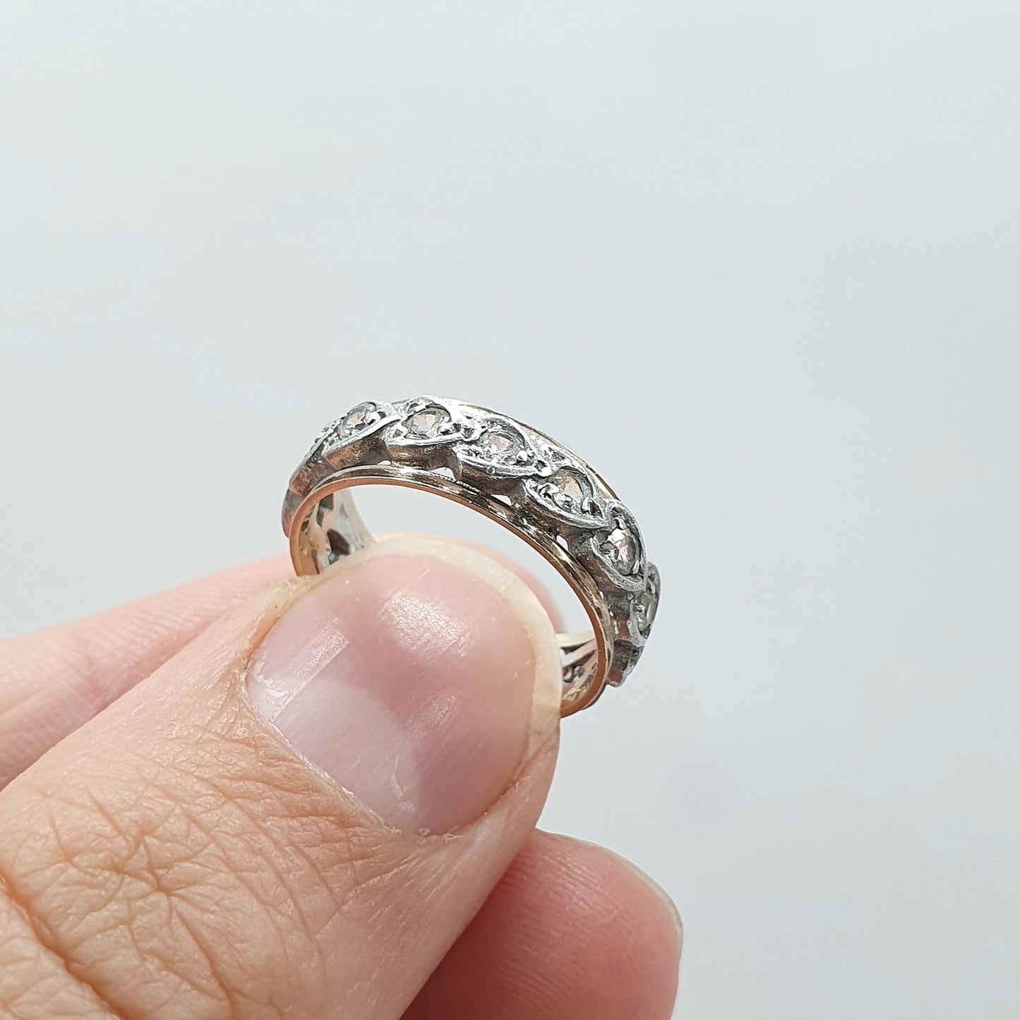 Antique 9ct Gold & Solid Silver White Spinel Eternity Ring Heart Pattern Love Gift Womens Jewelry Jewellery UK K or US 5.25